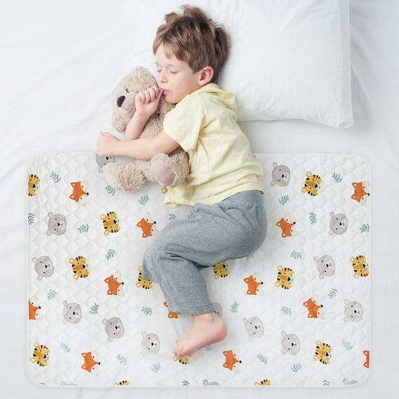 WOVENX Organic Incontinence Pads for Kids & Toddlers - 5 Layer Waterproof Protectors for Overnight Bed Wetting - Reusable & Washable Pee Pads - Fits Twin to Full Size Beds - 34" x 52" Tiger Bear Fox