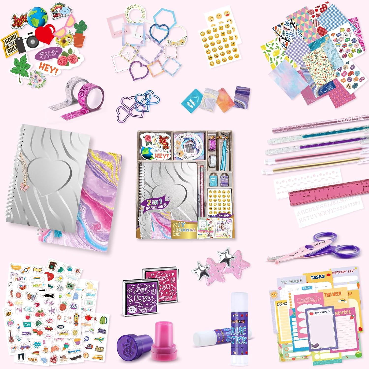 2-Pack DIY Journal Kit for Girls - 200+Pcs Journal Set for Teen & Tween Girls, Journaling Art & Crafts Kits,Scrapbook&Diary Supplies Set, Christmas Gifts for 8 9 10 11 12 13 14 Year Old Girl