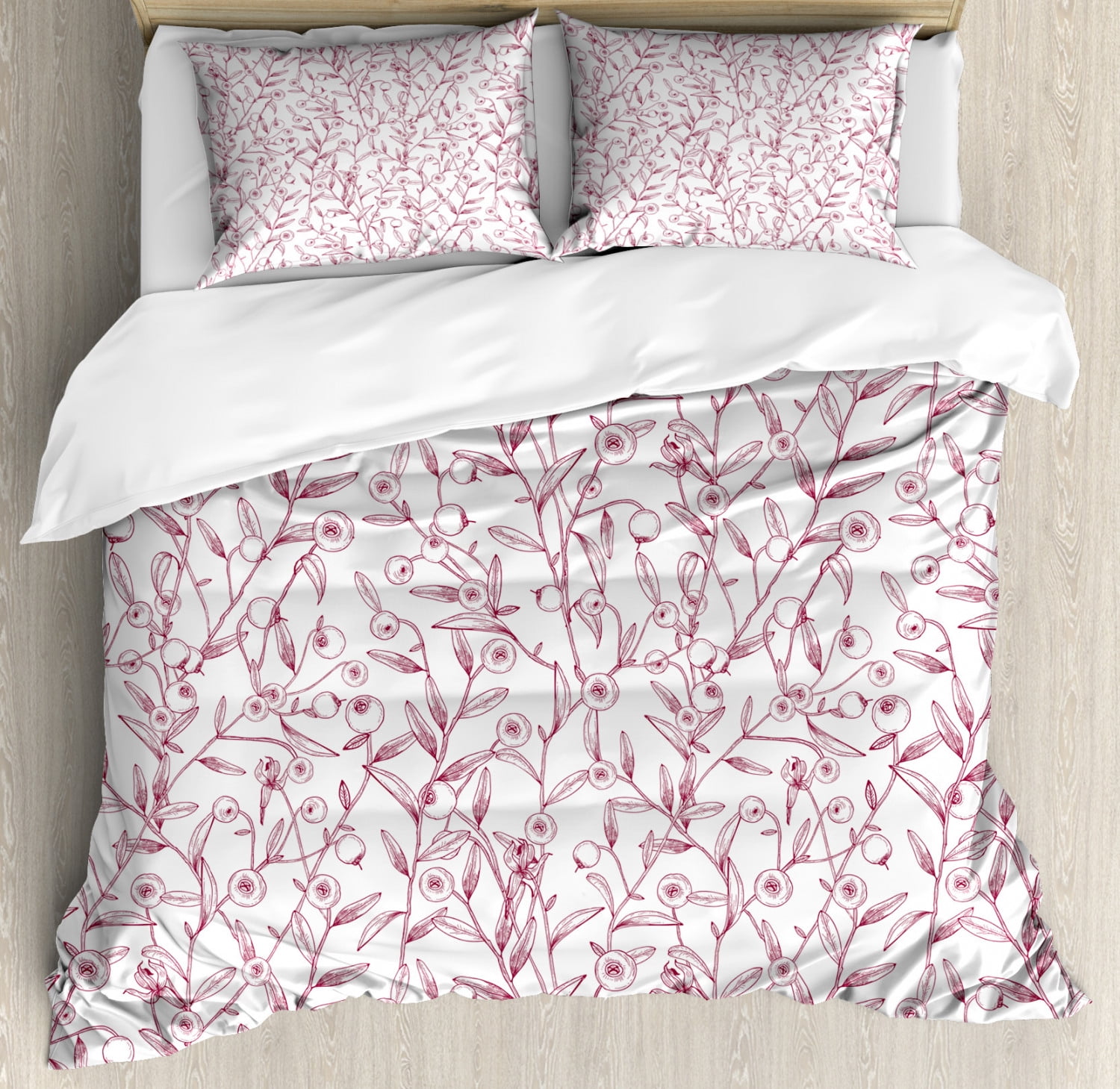 Cranberry Duvet Cover Set Queen Size, Botany Berries Growing on Stems Tiny Leaves Yard Meadow