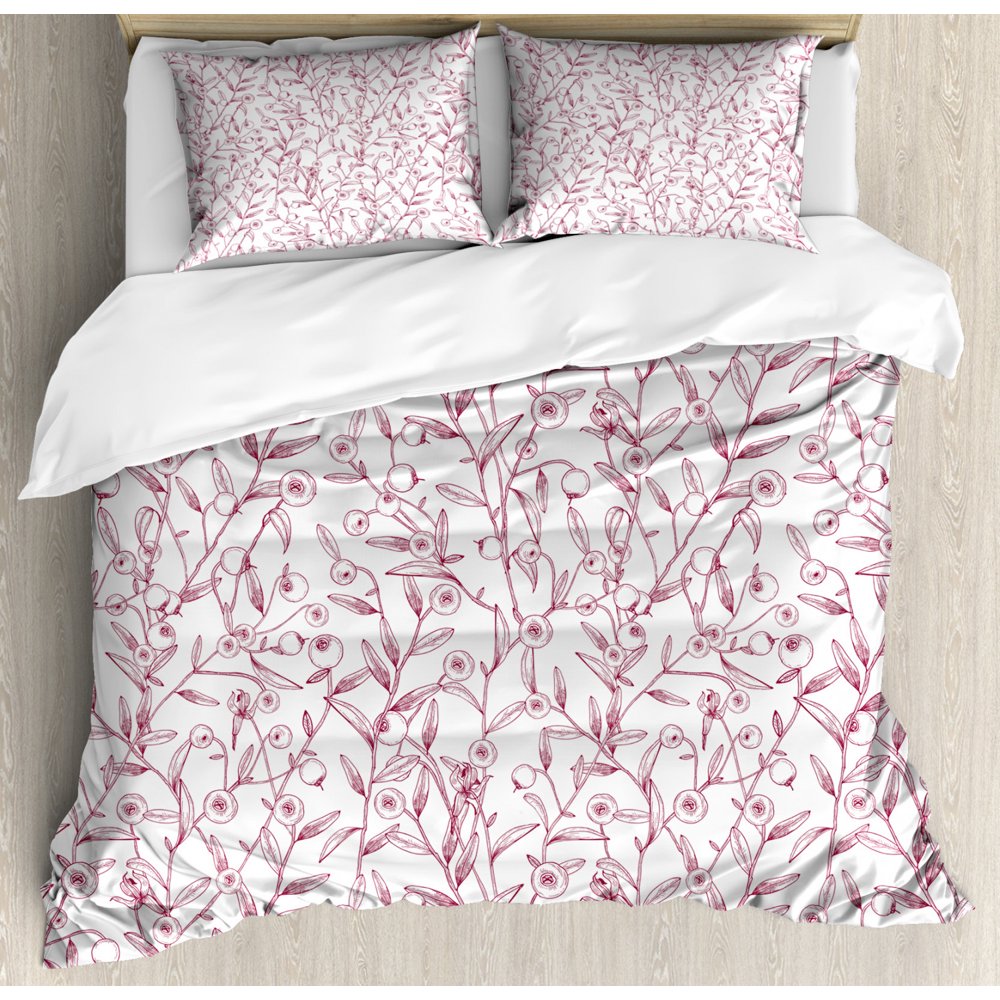 Cranberry Duvet Cover Set Queen Size, Botany Berries Growing on Stems Tiny Leaves Yard Meadow