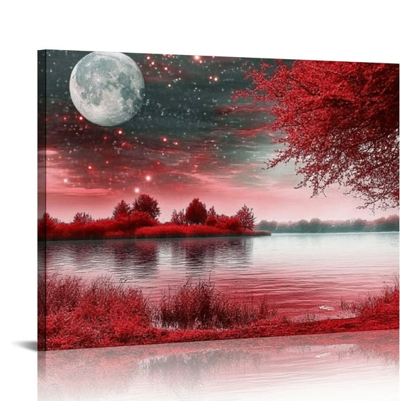 ZFLMY Farmhouse wall art living room large canvas wall decoration office pictures red lake and trees landscape wall painting prints artwork can be hung directly bedroom home décor art work 16x12in