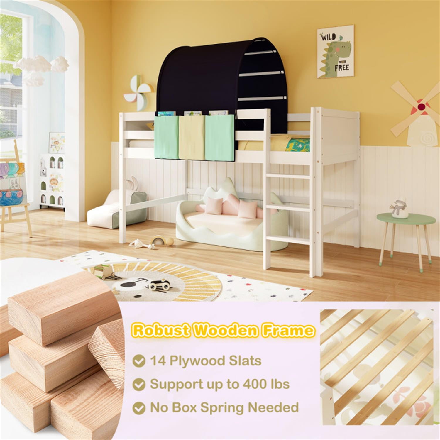 Demi Bonn Loft Bed Twin Size, Solid Wood Low Loft Bed with Tower Tent and 3 Storage Pockets, Modern Wooden Bed Frame, Blue