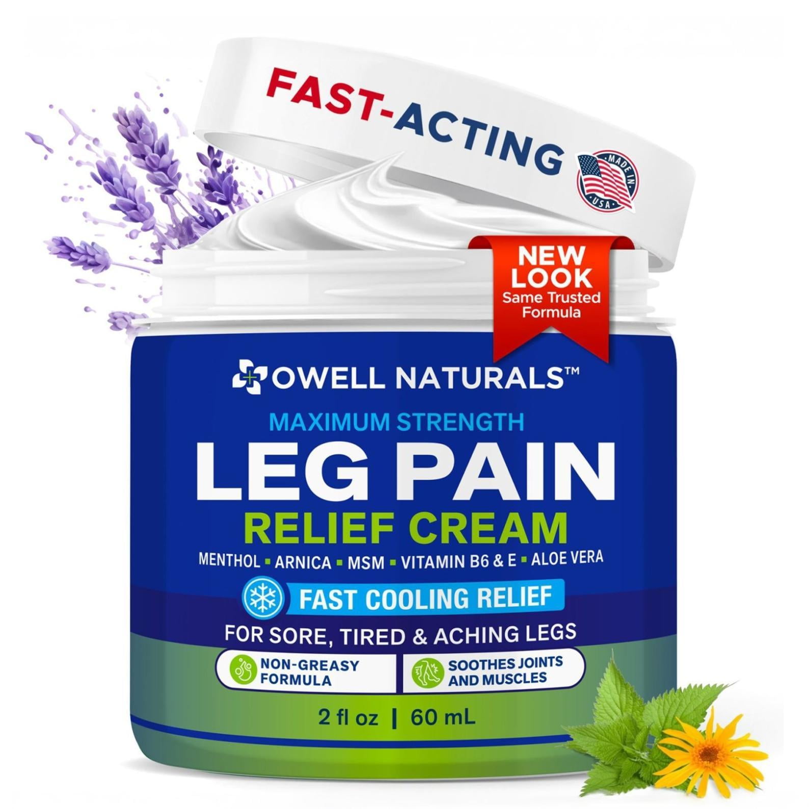 Owell Naturals Legs Relief Cream, 2 Oz, Cream For Leg Pain, Fast Absorbing, Cooling Formula, Made In USA