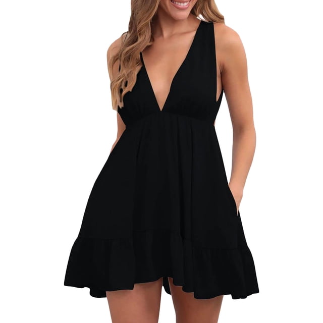 Mini vestido de verano Lucakuins para Mujer Escote en V Sin mangas
