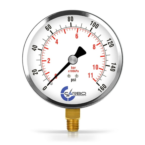 CARBO Instruments 4" Pressure Gauge, Chrome Plated Steel Case, Dry, 0-160 psi/kPa, Lower Mount 1/4" NPT