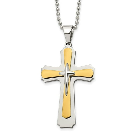 Auriga Fine Jewelry Stainless Steel Polished Yellow IP-plated Cross Pendant on a Ball Chain Necklace for Men 22"
