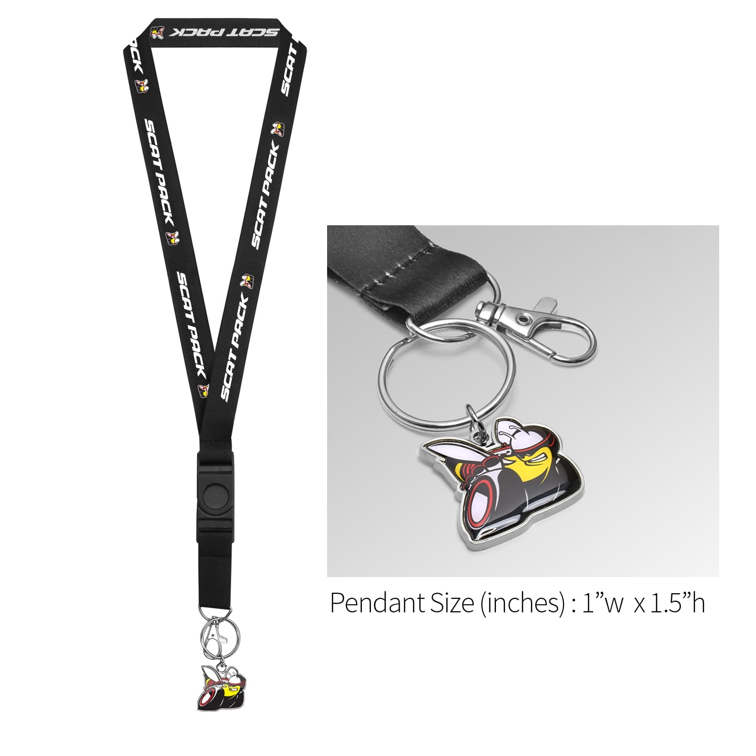 iPick Image for Dodge Scat-Pack Full-Color Die-Cut Metal Key Chain with Printed Logo Black Lanyard Strap, Official Licensed