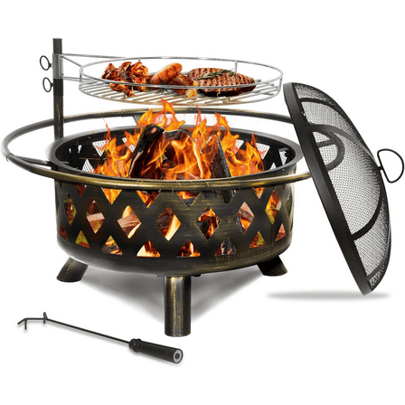 Amopatio Fire Pit with Mat & Cover, 30 " Large Outdoor Wood Burning Fire Pits, Patio Backyard Firepit with Steel BBQ Grill Cooking Grate, Spark Screen & Poker for Garden