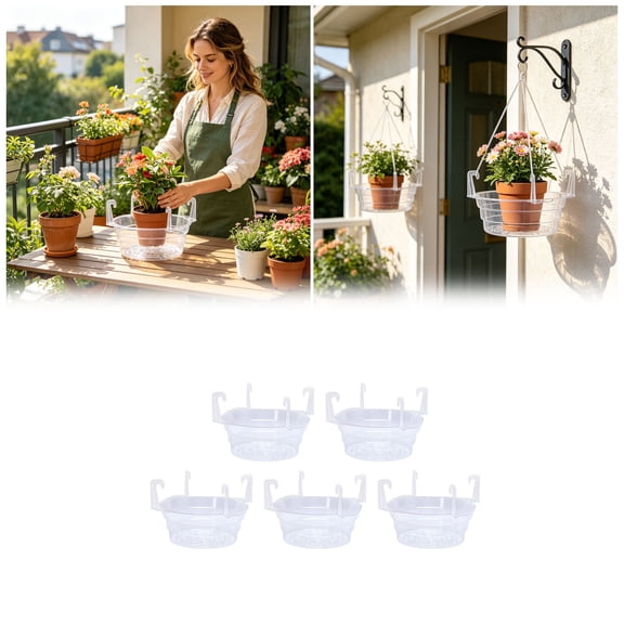 Plastics Hanging Basket Drip Pans (5-Pack) | Clear, Round Hanging Plant Tray Saucer with Built-in Hooks & Water Catcher for Indoor & Outdoor
