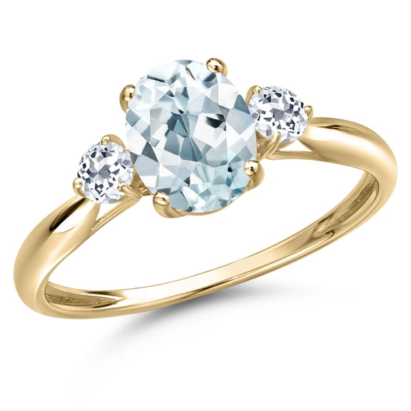 Gem Stone King 10K Yellow Gold Sky Blue Aquamarine and White Topaz 3-Stone Ring for Women | 1.48 Cttw | Oval 8X6MM | Gemstone March Birthstone | Size 7
