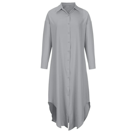 JGGSPWM Womens Ankle Length Maxi Tops Solid Button Down Cardigans Lapel V Neck Long Sleeve Shirts Irregular Flare Hem Tshirt Cardigan Boyfriend Style Tunic Gray S