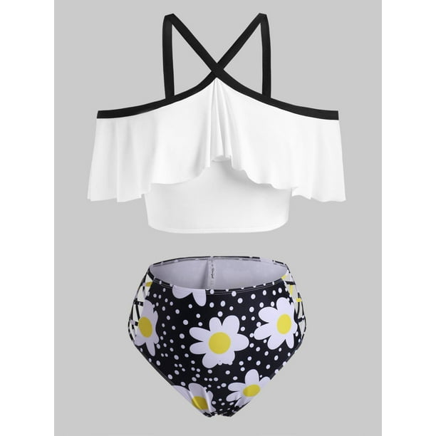 Volantes hombro abierto de la margarita punteada de celosía más el tamaño de baño tankini Rosegal Leggings de talla grande