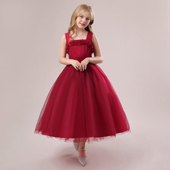 ZHOGXU Big Kids Girls Dress Sleeveless Solid Color Mesh Comfortable Stylish Tutu Dresses For Party And Daily Wear Brick Red 6-7 Years