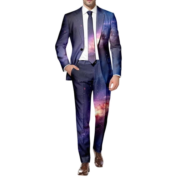 CONZONE Mens 2 Peice Suit Set Casual Dress Suit for Men Galaxy Graphic Long Sleeve Blazer Pants Elegant Slim Fit Party Wedding Business Set