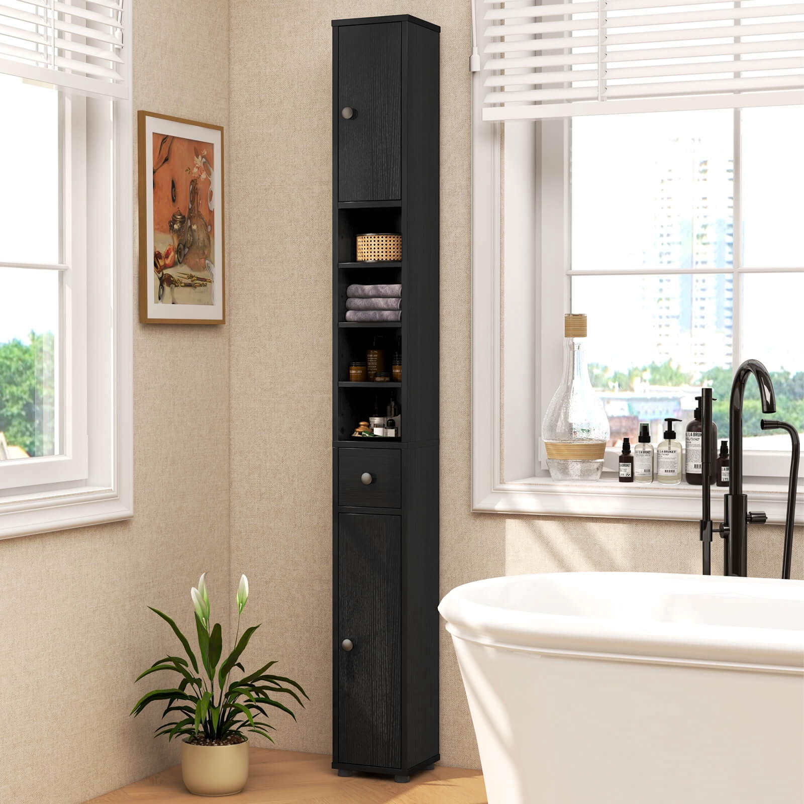 Costway 71" Slim Bathroom Storage Cabinet with 2 Doors 5 Adjustable Shelves 1 Drawer Black