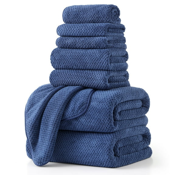 Green Essen Extra Large Bath Towel Sets of 8 pieces, 2 Large Bath Towels Oversized, 2 Hand Towels, 4 Washcloths, Soft Microfiber, Highly Absorbent Bath Towels for Bathroom Kitchen Spa Hotel(Navy)
