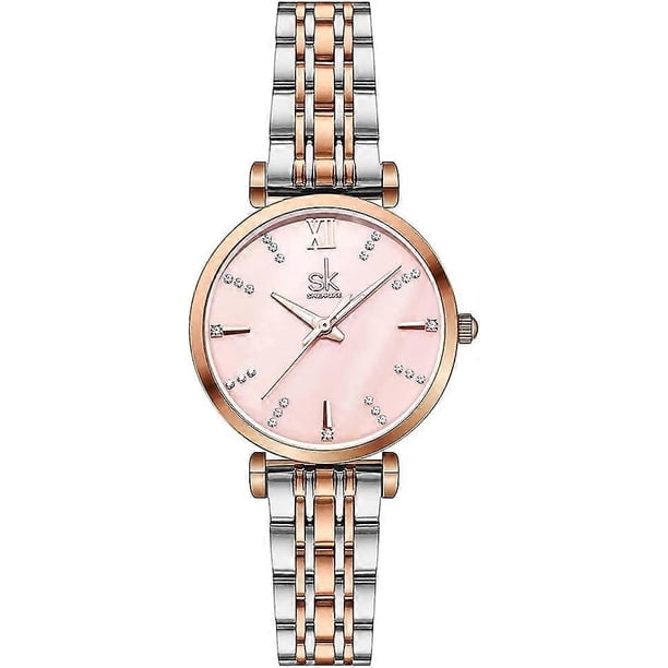 SK Classic Women Watches Fashion Ladies Dress Watch Solid Stainless Steel Band Genuine Leather Strap