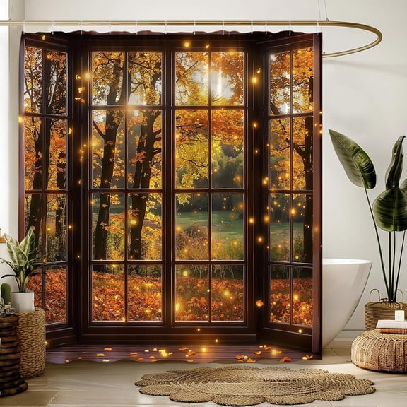 Fall Forest Window Shower Curtain, Autumn Maple Sunshine Bath Curtain, Nature Bathroom Decor, Waterproof Polyester Fabric with Hooks 36"W x 72"H