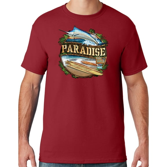 Mens Manu Bay Surf Company PARADISE SURF SHACK MARLIN T-shirt, Small Crimson Red