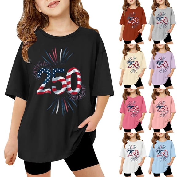 250 Anniversary Usa Shirt Summer Tops Graphic Tees for Girls and Boys Stylish Printed Short Sleeve Round Neck Comfortable Casual Daily Everyday Wear Beige