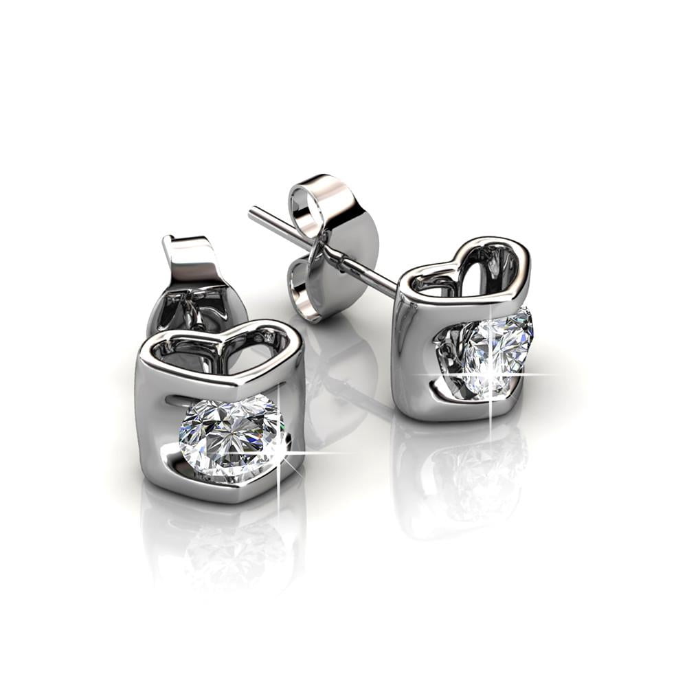 Cate & Chloe Lindsey 18k White Gold Plated Heart Stud Earrings with Swarovski Crystal Gift for Women