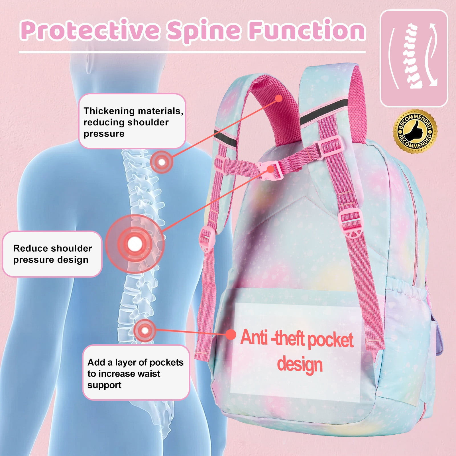 DAKIMOE School Backpack Starry Rainbow Bookbag Cute Large Capacity Backpack Multifunction Fashion Casual Laptop Travel Daypacks Kawaii Bag For Teens Students, Blue, 17 inch