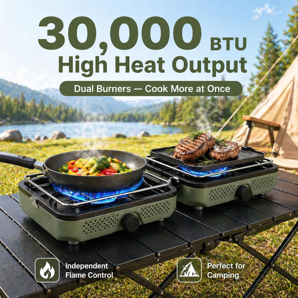 2 Burner Propane Camping Stove  30000 Btu Foldable Portable Gas With Cookware Set & Carry Bag Outdoor Cooking For Rv Emergency Use Green