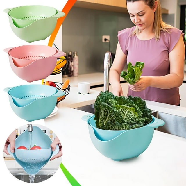 Cesta de Drenaje Giratoria de Doble Capa | Lavabo de Plástico para Verduras y Frutas | Colador para Lavar Arroz con Orificios de Drenaje Eficientes | Herramienta de Cocina Que Ahorra Espacio