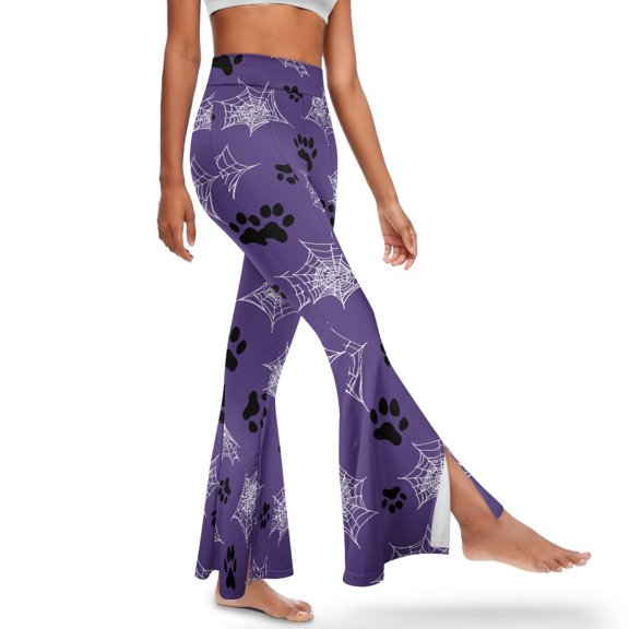 Xoenoiee Women's Flared Leggings Tall Yoga Pants Stretch Flared Pants Butt Lift High Waisted and Wide Leg Workout Pants Bootcut Yoga Pants for Gym, Work, Yoga, Casual, L, Paw Spider Web Violet