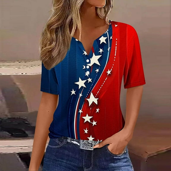 Cavosen Patriotic Tops for Women Petite Patriotic Short Sleeve V-Neck Tops USA Flag Print T Shirts Lady XL Independence Day Casual Tops Funny 4th of July Tunic Tees 2025 Summer Patriotic Clothes