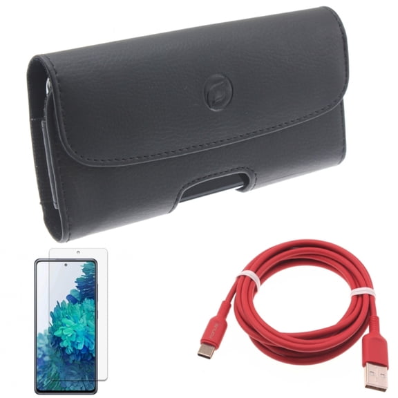 Case Belt Clip & 6ft USB-C Cable & Screen Protector for Samsung Galaxy S20 Fan Edition - Leather Holster   Red Charger Cord   Anti-Glare Tempered Glass Combo