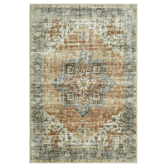 4'x6' Washable Persian Medallion Rug – Low-Pile Brown Accent Carpet, Foldable & Non-Slip