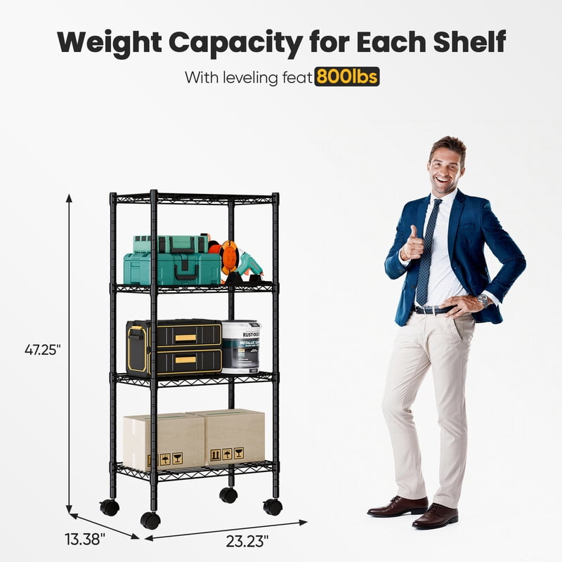 Gianna 4 Tier Heavy Duty Adjustable Wire Shelving with Wheels, Storage Racks for Garage Kitchen Pantry Laundry Office, Easy Assembly, 23"D x 13"W x 48"H