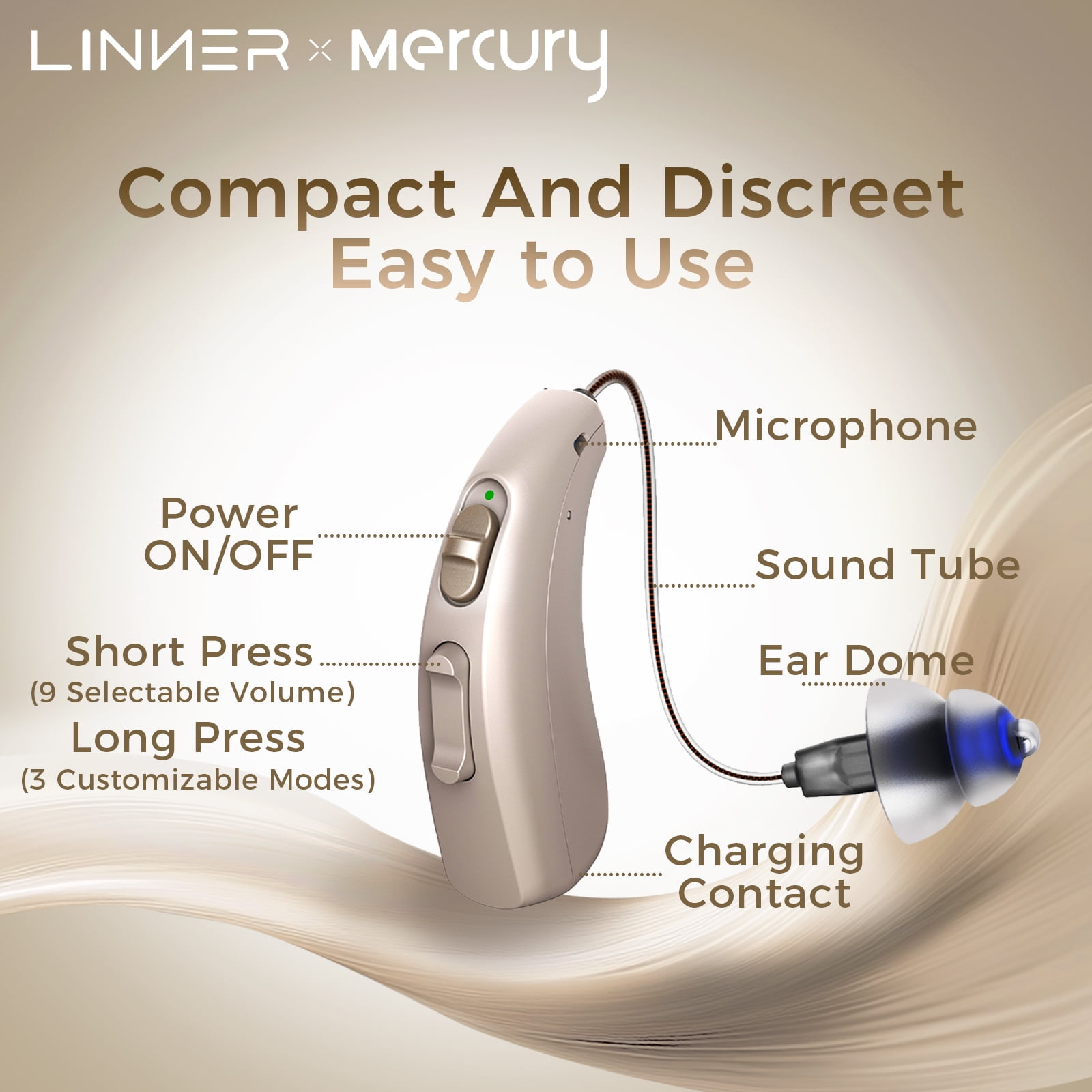LINNER Mercury Hearing Aids Otc Rechargeable with Noise Cancellation, Bte Ric Style, 1 Pair, Beige