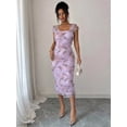 thumbnail image 5 of Mauve Purple Womens Elegant Ruched Floral Mesh Midi Dress With Square Neck And Short Puff Sleeves, 5 of 6