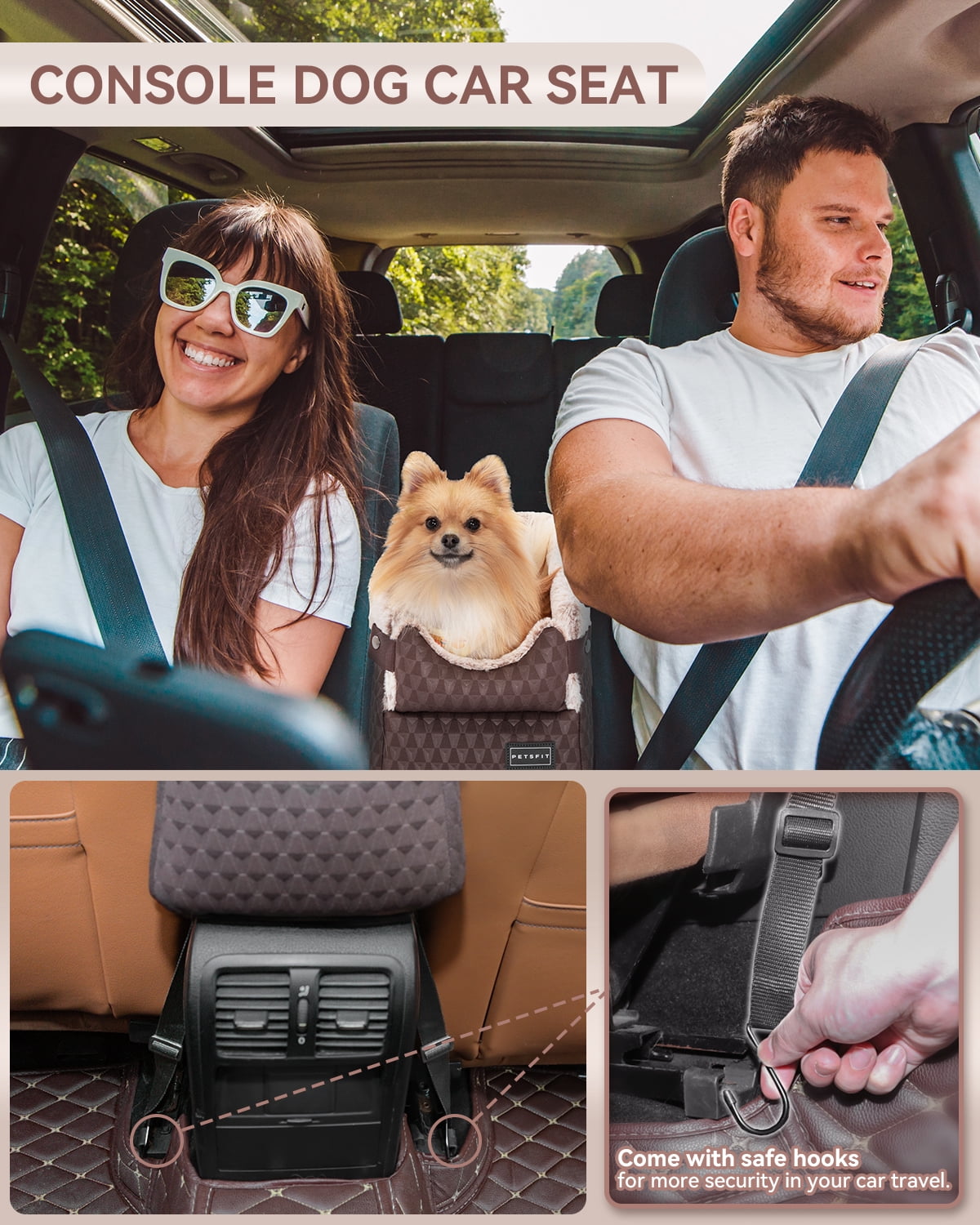 PETSFIT Center Console Dog Car Seat with Safe Protection Hooks, Pet Car Seat with Upgraded Safety Tethers, Washable Cushion, Console Dog Car Seats for Small Dogs (Brown)