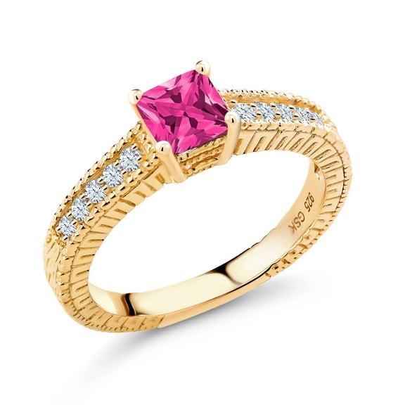 Gem Stone King 0.95 Ct Princess Cut Pink Mystic Topaz White Created Sapphire 18K Yellow Gold Plated Silver Ring (Size 8)