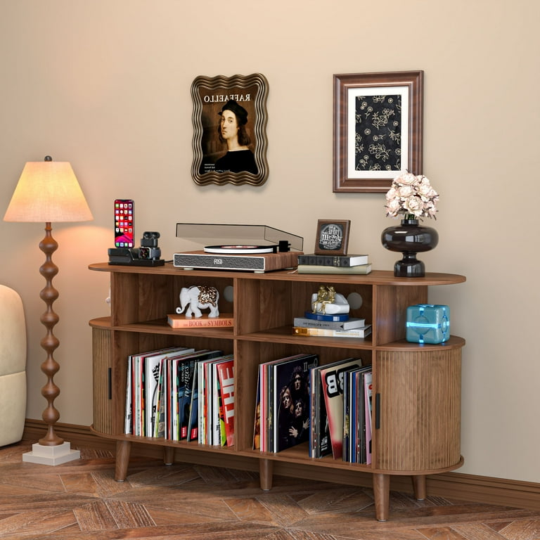 Vintage Record Player Stand With Storage - Holds 140+ Albums, Magazine Holder, Headphone Hook