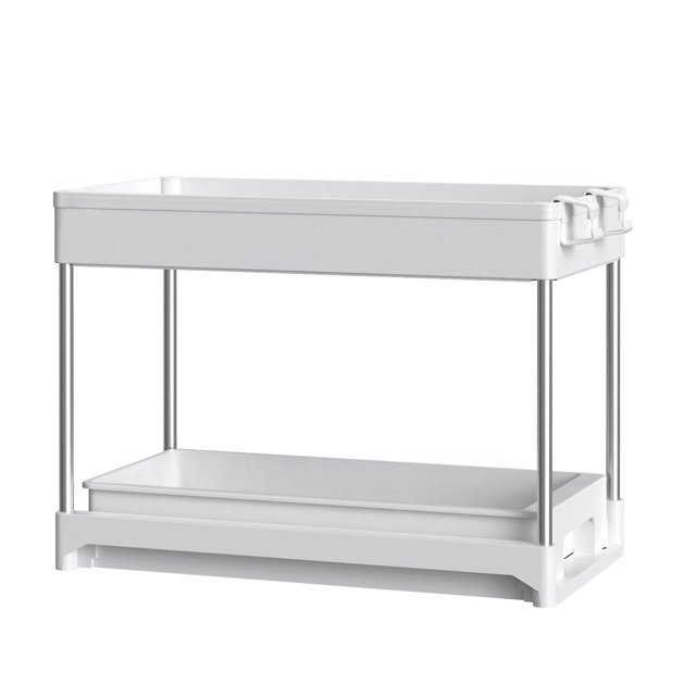 Organizador para debajo del fregadero de 2 niveles con cajón de almacenamiento deslizante, acero inoxidable y plástico, blanco