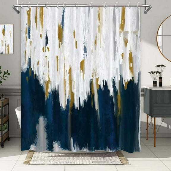 Navy Blue Shower Curtain Abstract Brush Strokes Oil Painting Ombre Bathroom Curtain Blue White Fabric Bathtub Accessory