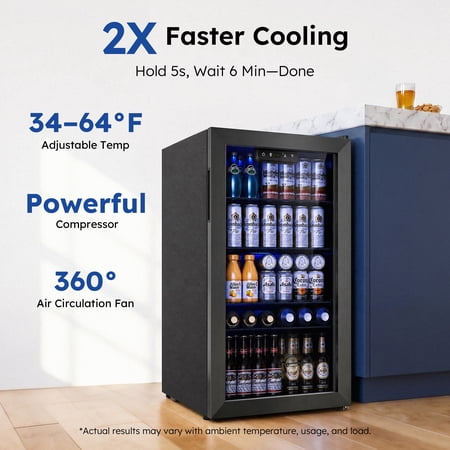 Simzlife 130 Can Beverage Refrigerator with Glass Door for Home, 17.3 in D, 31.3 in H, Black
