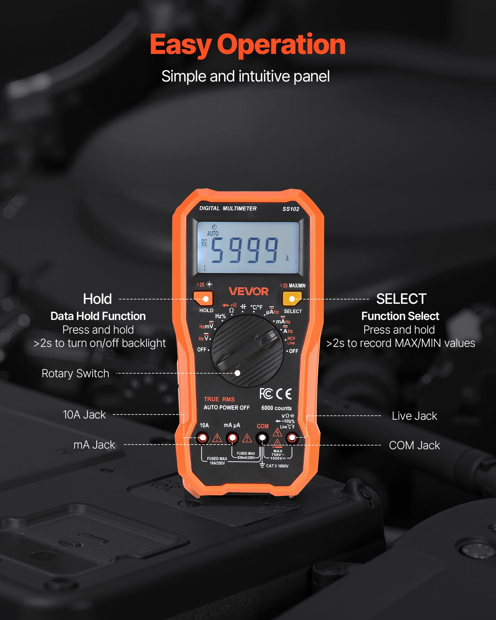 VEVOR Digital Multimeter,6000-Count TRMS DC/AC Voltmeter Current Tester,Professional NCV Multimeter for Current Voltage Resistance Capacitance Duty-Cycle Tempetature Diodes Continuity Live Wire Test