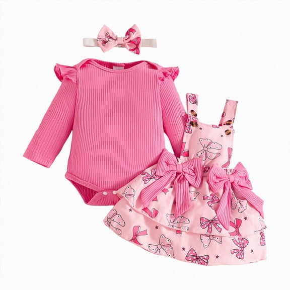 Linfrsh Baby Girls Outfits Newborn Infant Girl Clothes Fall Winter Long Sleeve Ruffle Romper Bow Jumpsuit Cute Outfits(Hot Pink,12-18 Months)