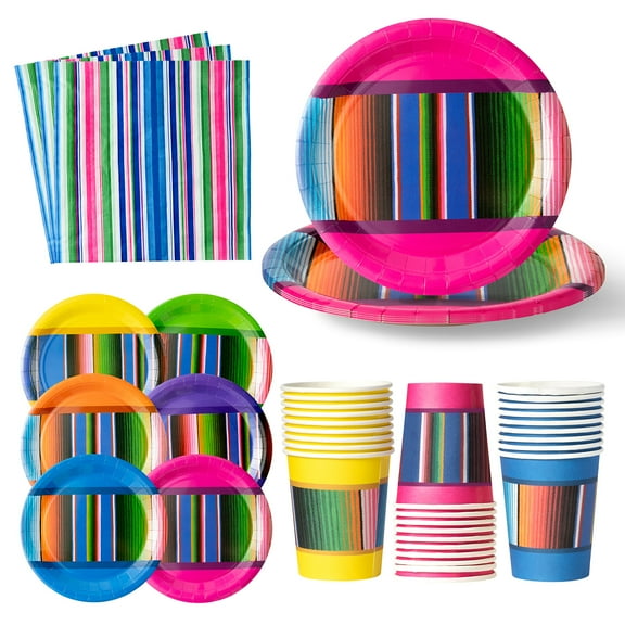 Grobro7 Mexican Style Party Tableware Set Paper Plates Cups Napkins Kit Disposable Tableware for Birthday Parties Supplies, 90 Pieces
