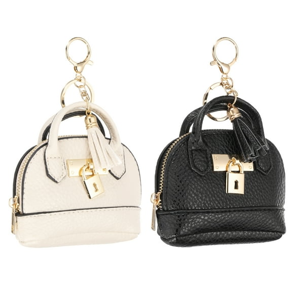 Uxcell Mini Tote Bag Keychain, 2 Pcs Cute Coin Purse Keychain PU Leather, Black/White