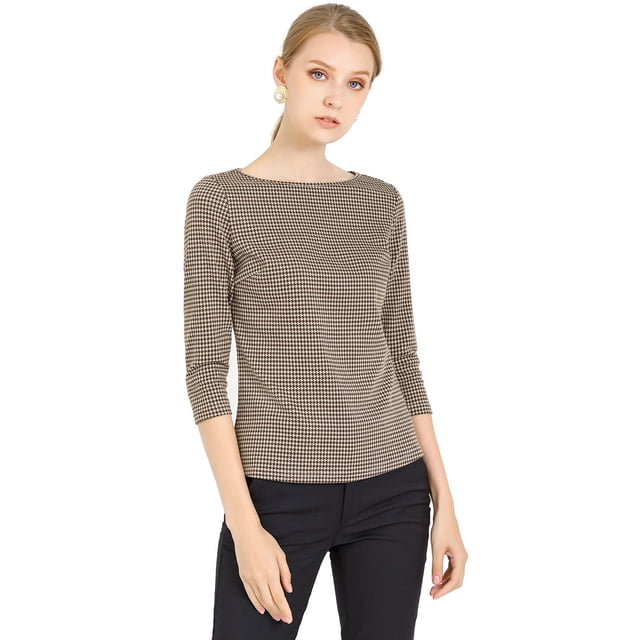 Blusa Estampado De Pata De Gallo Manga 3/4 Cuello Del Barco Oficina Trabajo Para Mujer Marrón XS