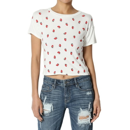 Dolman Crop - TheMogan Junior's Slit Open Back Strawberry Print Relaxed Cropped Tee Fruit Top