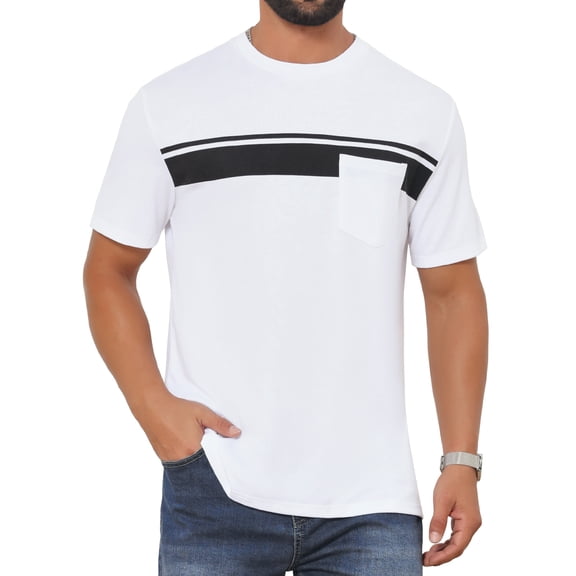 DARING DIVA Men's Chest Pocket Striped Print Crew Neck Short Sleeve T-Shirt M White