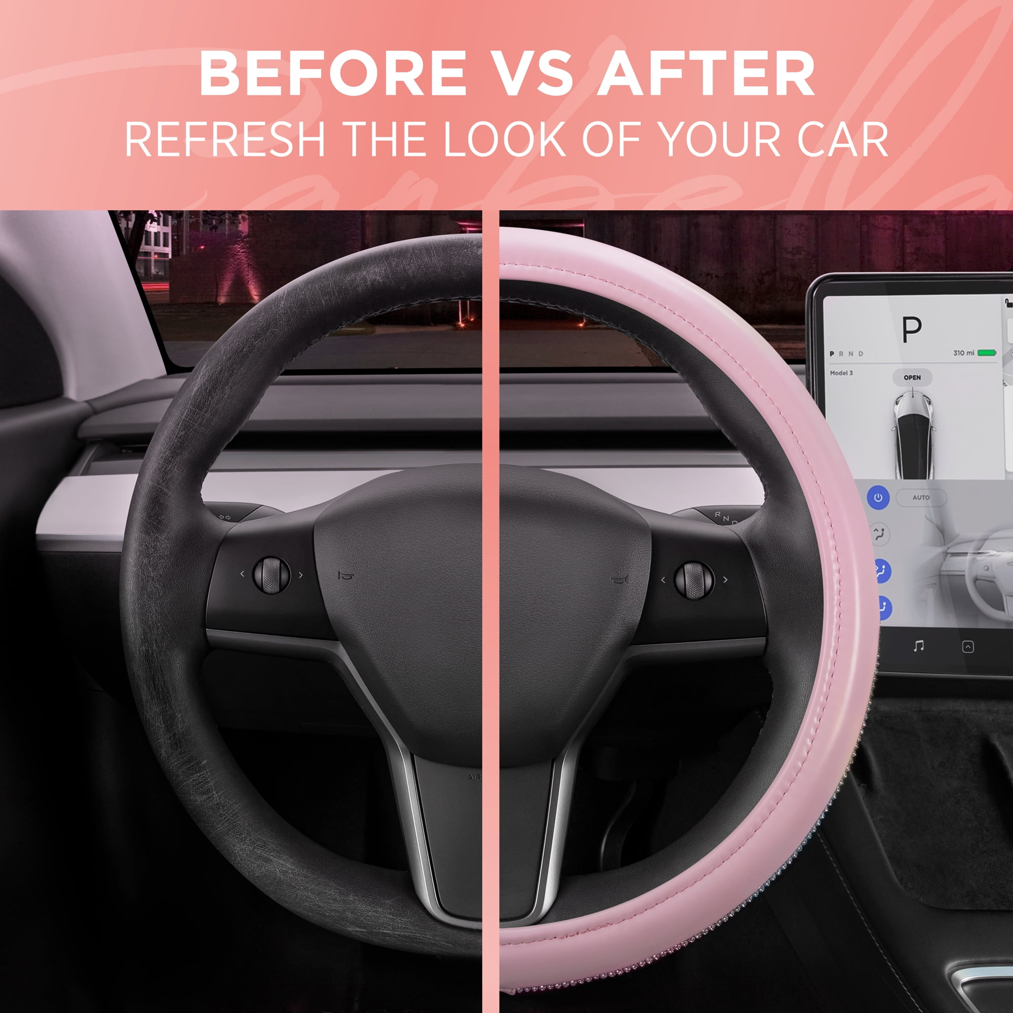 Carbella Pink Diamond Bling Steering Wheel Cover for Women, Standard 15 Inch Size Fits Cars Trucks SUV