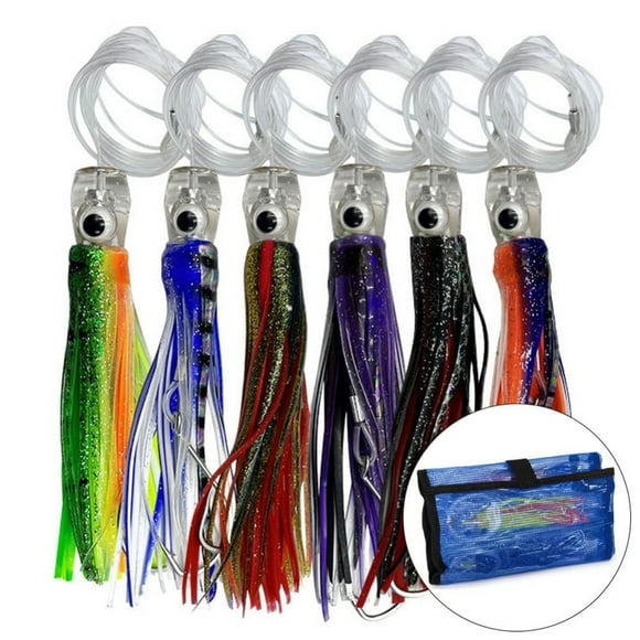 Trolling Lure Kit for Saltwater Fishing – 6.5 Inch Skirted Lures with 7/0 High Carbon Steel Hooks & 6-Pocket Storage Bag – Deep Sea Big Game Fishing Bait Set by TROPOW (16cm)